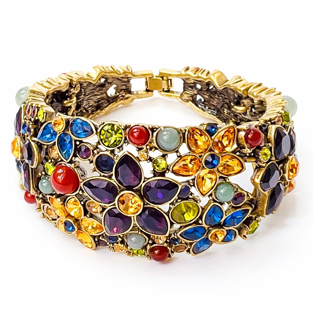 Heidi Daus “Fantasy in Florals” Crystal Gemstone Bracelet Vintage Statement Cuff